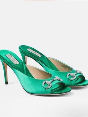 Gucci Emerald Green Satin Crystal Horsebit Mules